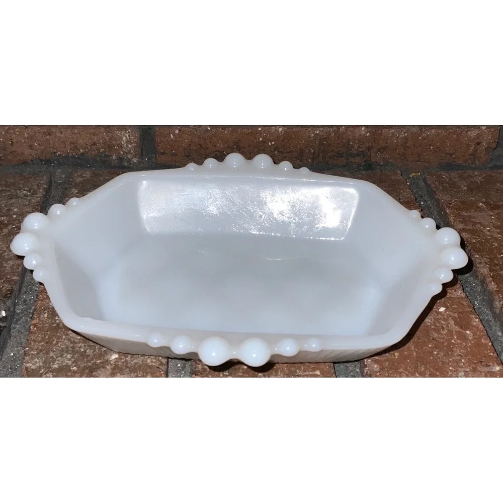 Vintage White Milk Glass Quilted Hobnail Serving‎ Bowl Rectangular Candy Dish